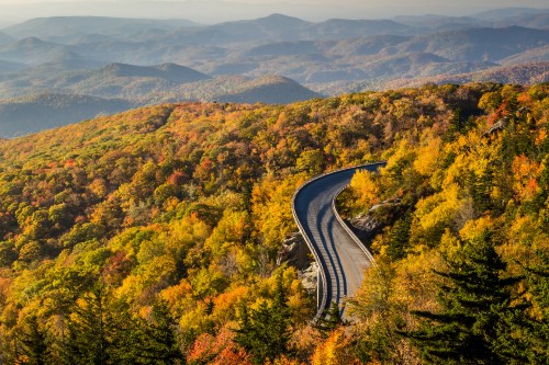 A winding road through vibrant autumn foliage, with mountains in the background under a clear sky.