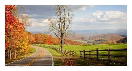 A winding road through vibrant autumn foliage, with rolling hills and a cloudy sky in the background.