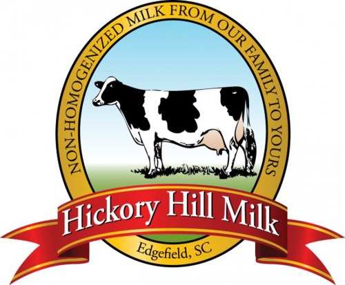 Logo for Hickory Hill Milk featuring a cow, with the text "Non-Homogenized Milk From Our Family to Yours," Edgefield, SC.