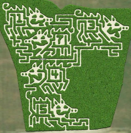 A green, textured surface featuring a white, intricate design resembling stylized animal figures and numbers.