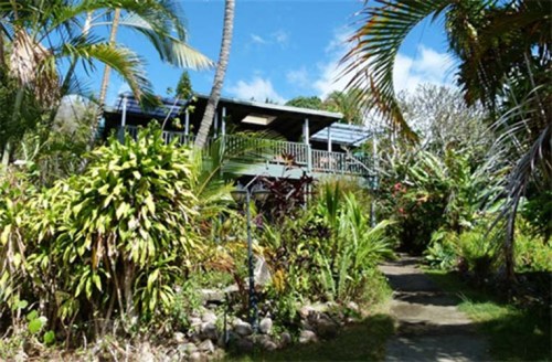 A tropical garden with lush greenery surrounding a wooden house on stilts under a blue sky.