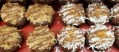 A close-up of two types of decorated cupcakes: one topped with coconut and almonds, the other with caramel and nuts.
