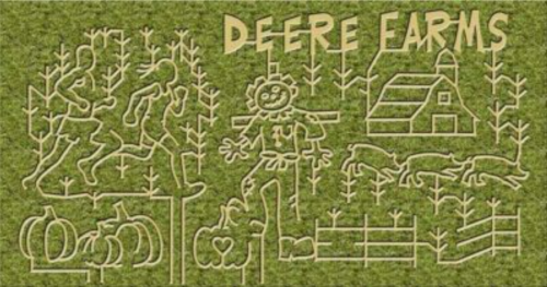 A corn maze design featuring a scarecrow, animals, pumpkins, and the text "Deere Farms" on a green background.