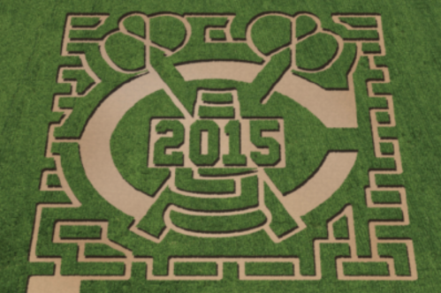 Aerial view of a grass maze featuring the year "2015" and a circular design with crossed objects.