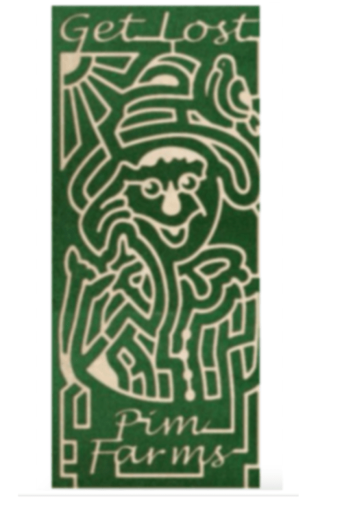 A whimsical design featuring a smiling scarecrow with the text "Get Lost" and "Pim Farms" on a green background.