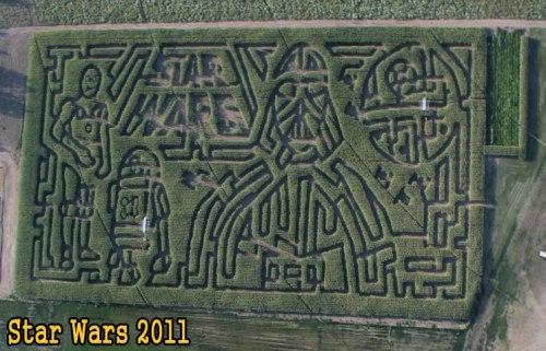 Aerial view of a corn maze featuring Star Wars characters and designs, labeled "Star Wars 2011."