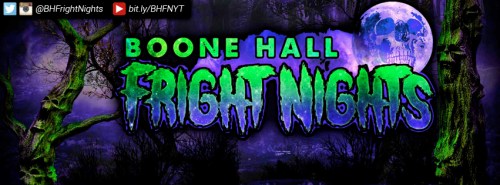 Text graphic for "Boone Hall Fright Nights" with spooky green and purple lettering against a dark, eerie background.