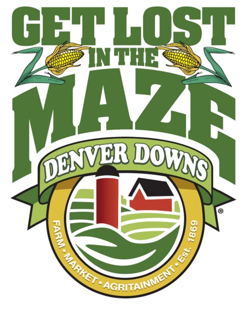 Logo for Denver Downs featuring "Get Lost in the Maze" with corn graphics and a farm scene. Established 1869.