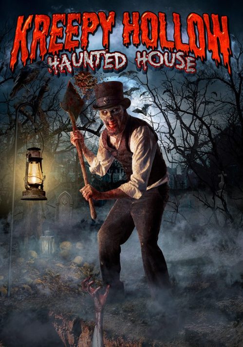 A zombie-like figure in a top hat holds a shovel in a spooky graveyard, with eerie lighting and fog. "Kreepy Hollow Haunted House" text.