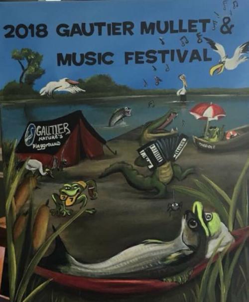 Colorful mural featuring a festival scene with a fish, frogs, an accordion, and birds by a riverbank. Text: "2018 Gautier Mullet & Music Festival."
