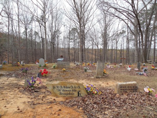 A serene cemetery with gravestones, flowers, and trees in a wooded area, showcasing a peaceful resting place.