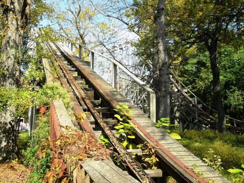 A wooden roller coaster track ascends through a forested area with autumn foliage.