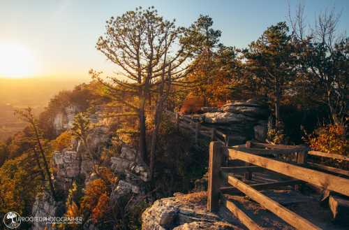 A scenic overlook at sunset, featuring rocky cliffs, trees, and a wooden railing amidst autumn foliage.