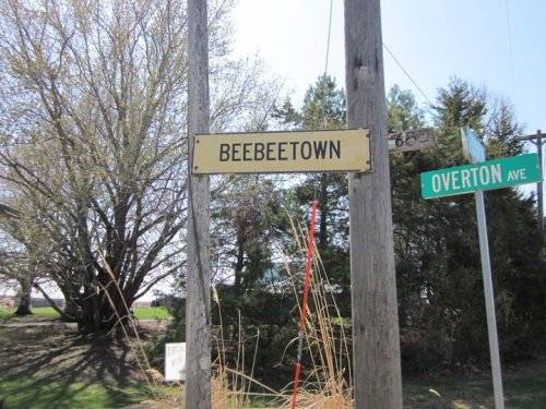 Signpost for Beebeetown at the intersection with Overton Avenue, surrounded by trees and grass.