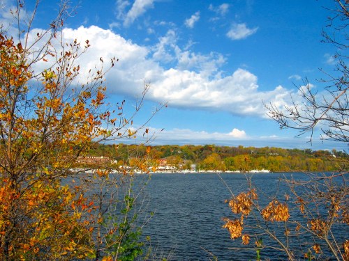 A serene lake view surrounded by trees with autumn foliage under a bright blue sky and fluffy white clouds.