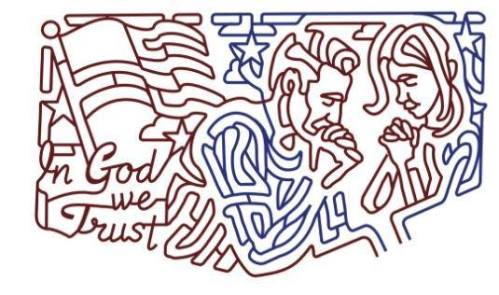 Line art depicting a man and woman praying, with an American flag and the phrase "In God We Trust."