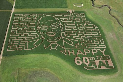 Aerial view of a corn maze featuring a smiling face and the text "Happy 60th Al" carved into the greenery.