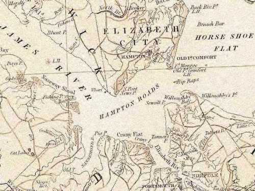 A historical map showing the area around Hampton Roads, Virginia, including Elizabeth City and surrounding waterways.