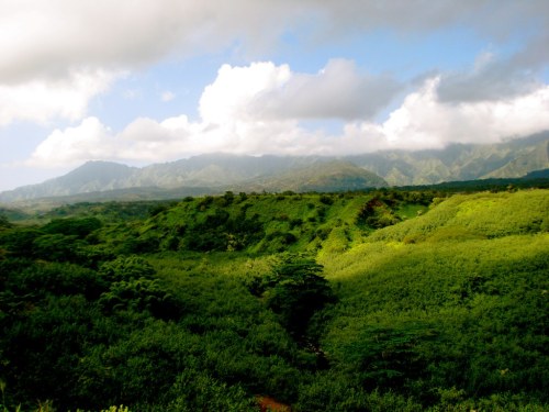 Lush green landscape with rolling hills and mountains under a partly cloudy sky.