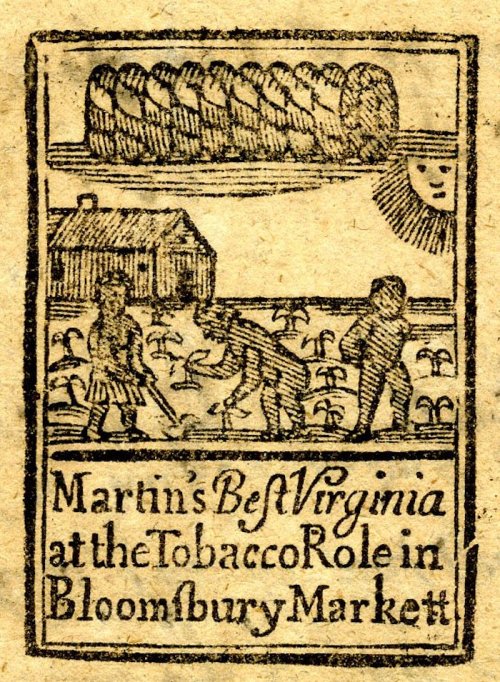 An old illustration depicting tobacco farming, with figures working in a field and a house in the background.