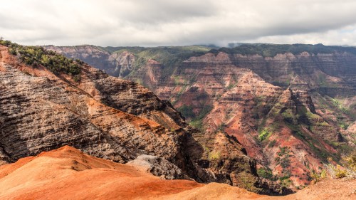 A panoramic view of colorful, layered canyon walls under a cloudy sky, showcasing natural geological formations.
