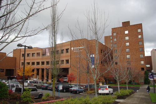 A large brick hospital building with a parking lot, surrounded by trees and cloudy skies.