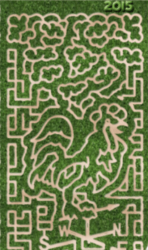 A maze design featuring a rooster surrounded by trees, with the year "2015" in the top corner.