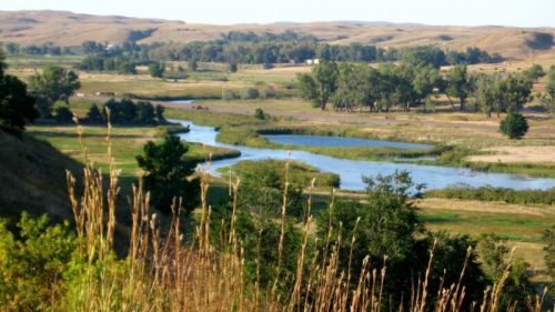 A serene landscape featuring a winding river surrounded by lush greenery and rolling hills under a clear blue sky.