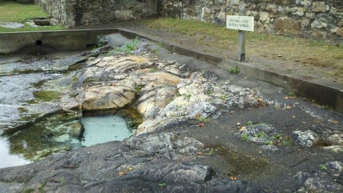 A rocky area with a small pool of water, marked by a sign that reads "Council Grove Artesian Springs."