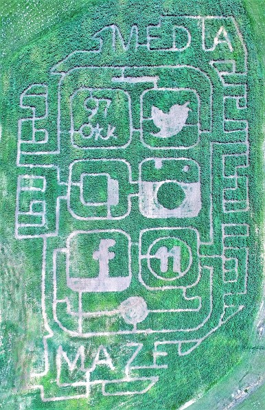 Aerial view of a corn maze shaped like social media logos and icons, including Twitter, Instagram, and Facebook.