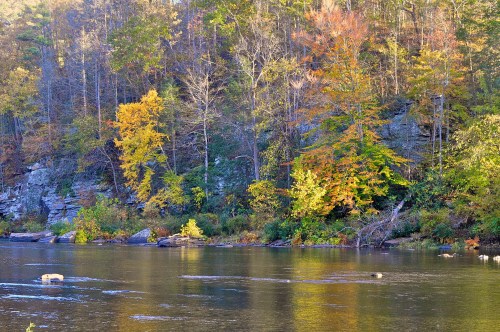 A serene river scene with colorful autumn trees reflecting on the water, surrounded by rocky banks and lush greenery.