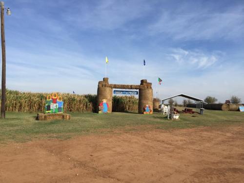 A rustic entrance made of hay bales, with colorful decorations and a cornfield in the background under a blue sky.