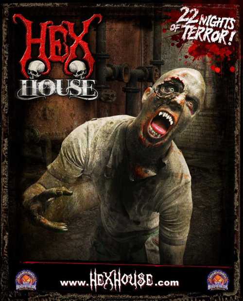 A zombie figure screams in a dark, eerie setting, promoting "Hex House: 22 Nights of Terror."