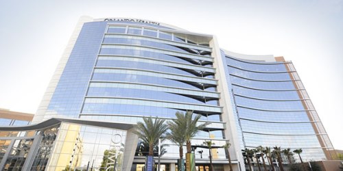 Modern glass building with a curved design, featuring palm trees in the foreground and a clear sky above.