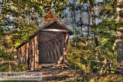 A rustic wooden covered bridge surrounded by lush greenery and trees in a serene forest setting.