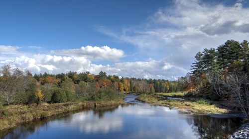A serene river flows through a landscape of trees with autumn foliage under a blue sky with fluffy clouds.
