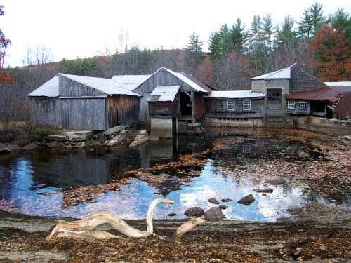 A rustic wooden building by a calm pond, surrounded by autumn foliage and trees, with fallen leaves on the water's surface.