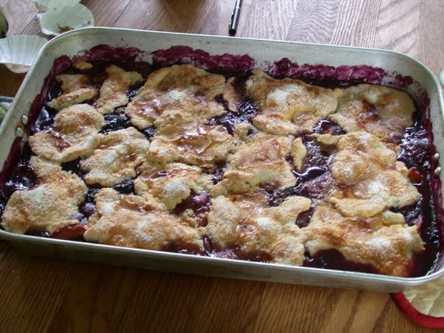A baked fruit cobbler with a golden, crumbly topping in a metal baking dish on a wooden table.