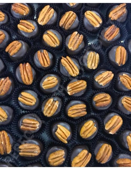 A close-up of chocolate-covered candies topped with pecan halves, arranged neatly in black paper cups.