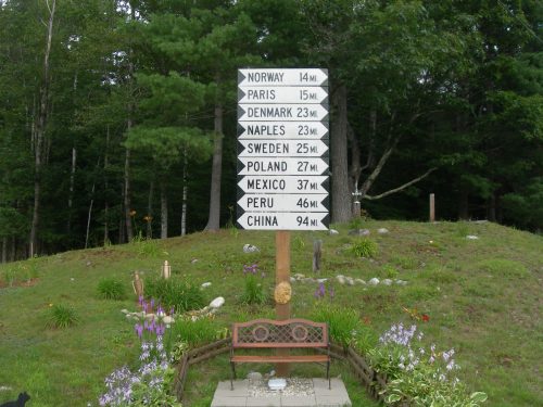 Signpost with directional arrows indicating distances to various places: Norway, Paris, Denmark, Naples, Sweden, Poland, Mexico, Peru, and China.