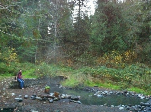 A person sits by a natural hot spring surrounded by trees and rocks in a serene forest setting.