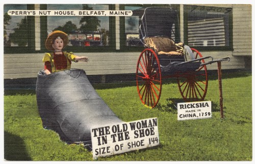 A vintage postcard featuring a doll in a shoe, a rickshaw, and a sign reading "The Old Woman in the Shoe."