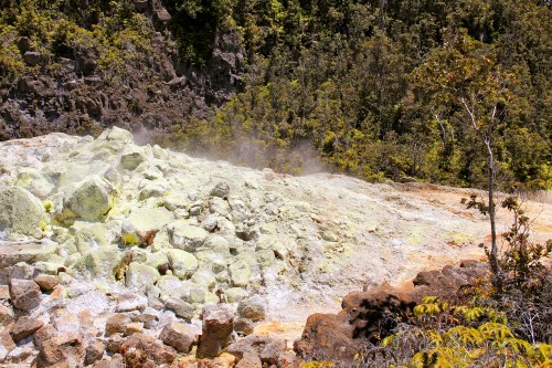 A geothermal area with steaming, sulfurous rocks and vibrant green minerals, surrounded by lush vegetation.