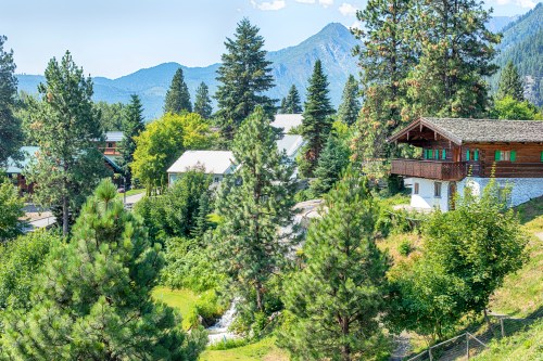 A scenic view of a mountain landscape with trees, houses, and a clear blue sky in the background.