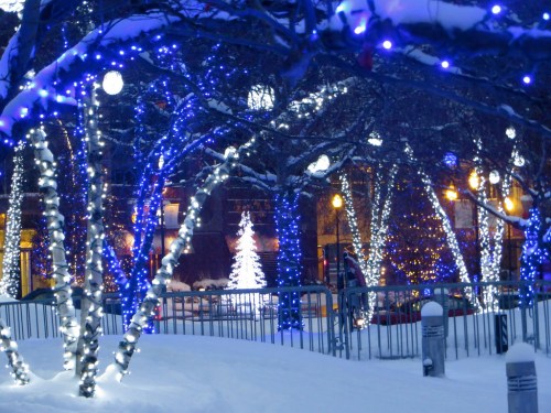 A snowy scene with trees adorned in blue and white lights, featuring a glowing Christmas tree in the background.