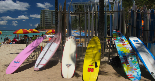 Colorful surfboards lined up on the beach, with umbrellas and people enjoying the sunny day in the background.