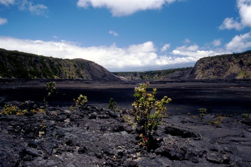 A volcanic landscape with black lava rock, sparse vegetation, and a blue sky with scattered clouds.