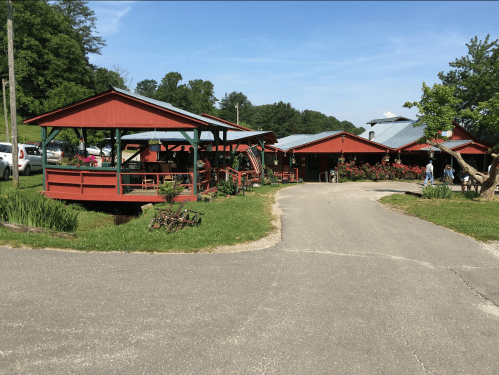A scenic view of red-roofed buildings with outdoor seating, surrounded by greenery and a gravel path.