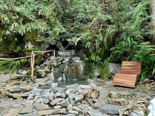 A serene natural setting with a small waterfall, rocks, and a wooden chair surrounded by lush greenery.