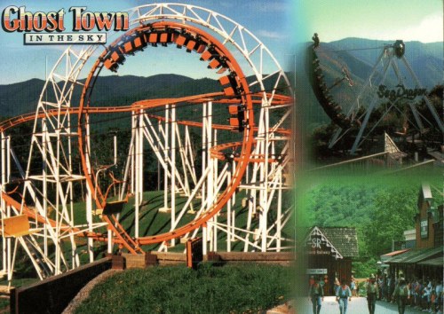 A vintage postcard featuring a roller coaster at Ghost Town in the Sky, surrounded by mountains and park visitors.